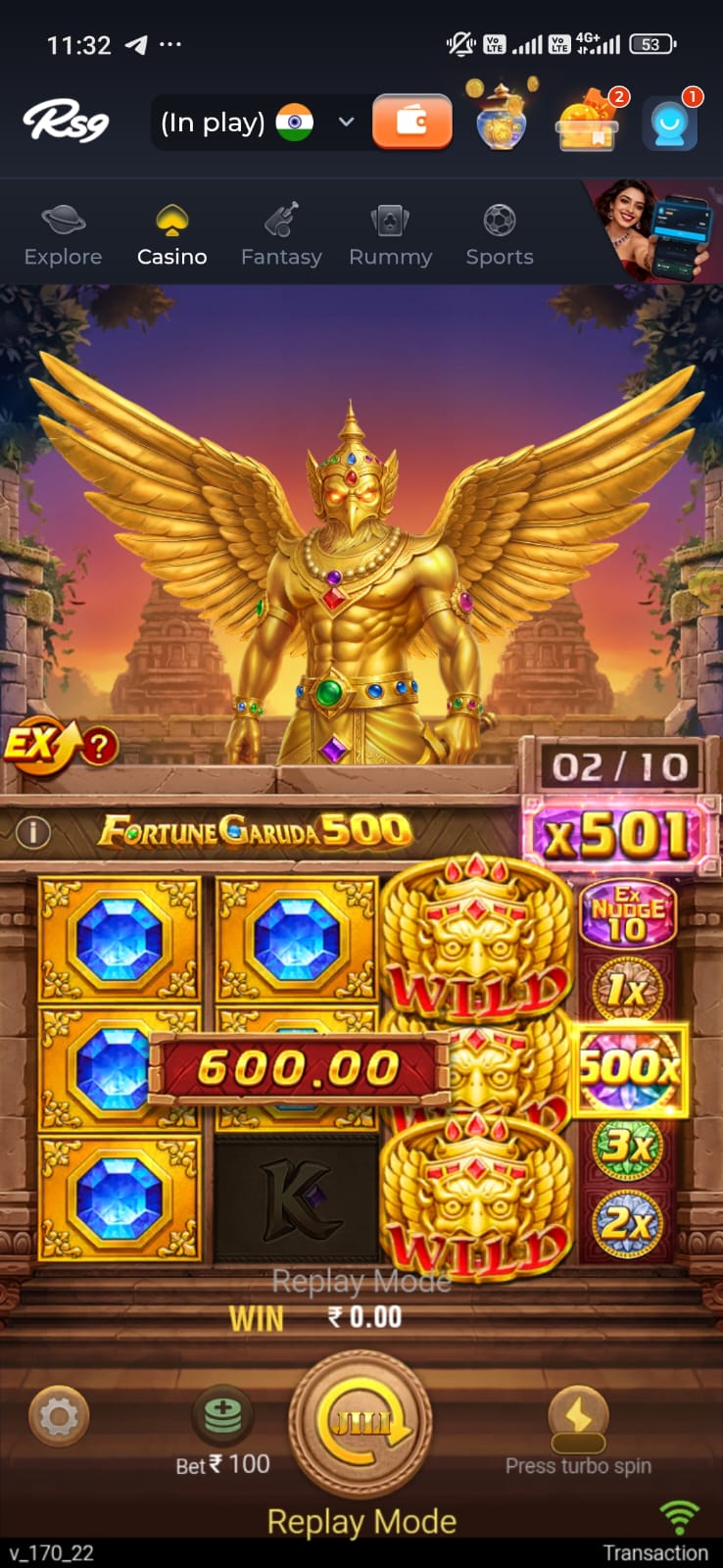 RS9 Fortune Garuda 500 game screen featuring golden Garuda artwork, wild symbols, multipliers and bonus gameplay.