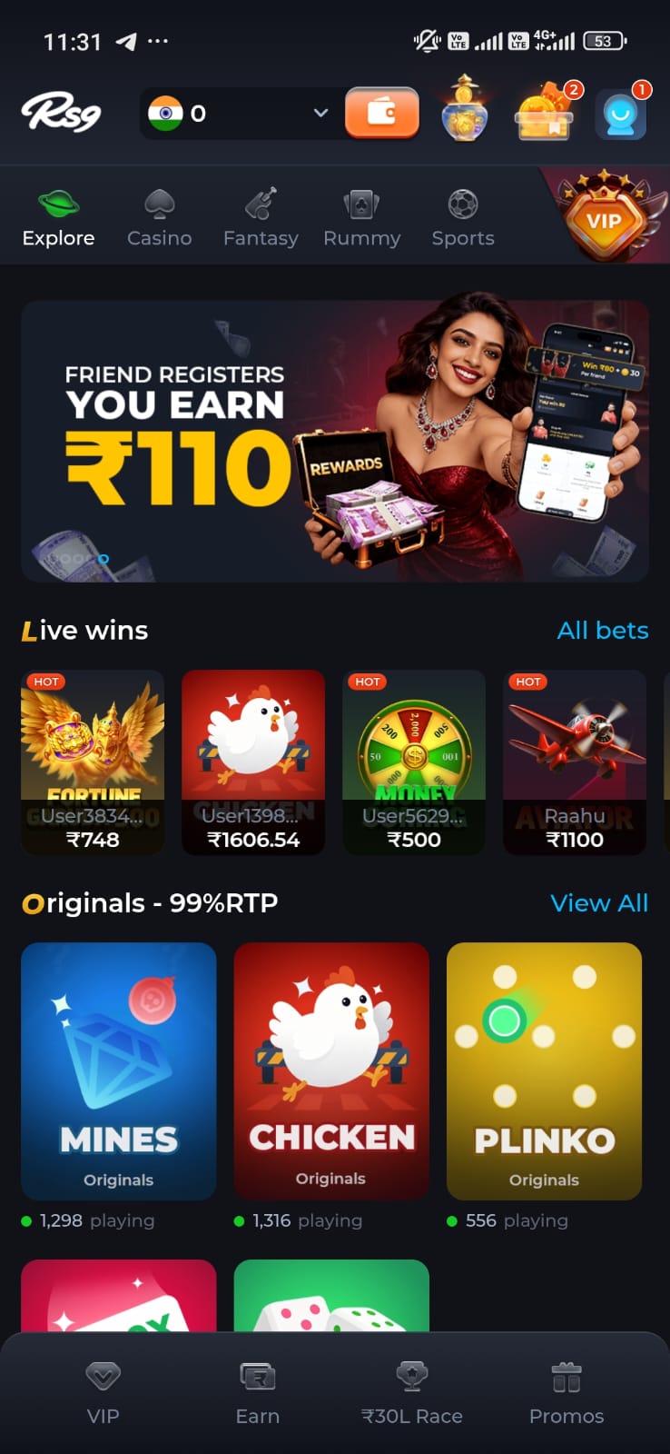 RS9 Game home screen showing live wins, popular games, rewards and mobile gaming options.