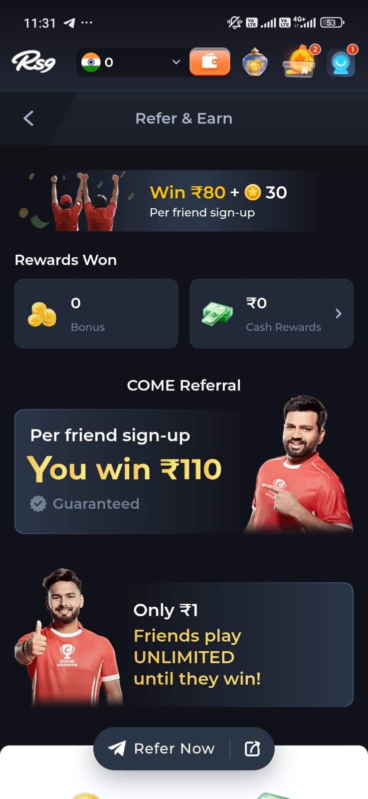 RS9 Game Refer and Earn page showing referral rewards, bonus offers and friend registration benefits.